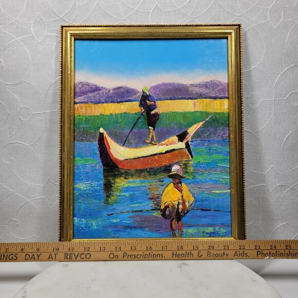 Vintage Boat Fisherman Oil Painting Canvas Framed Art Hanging Decor Signed - Picture 15 of 16